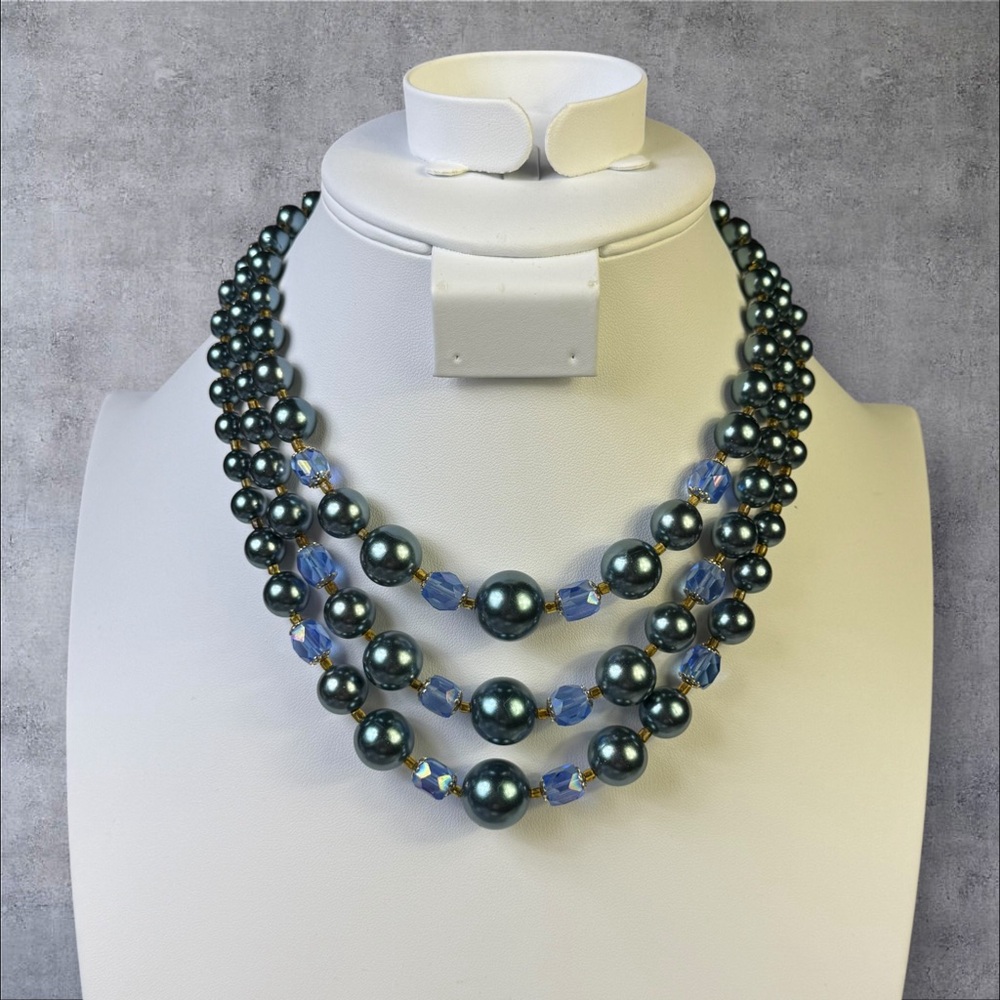 264. Vintage Japan Signed Triple Strand Blue‎ Faux Pearl & AB Glass Necklace
